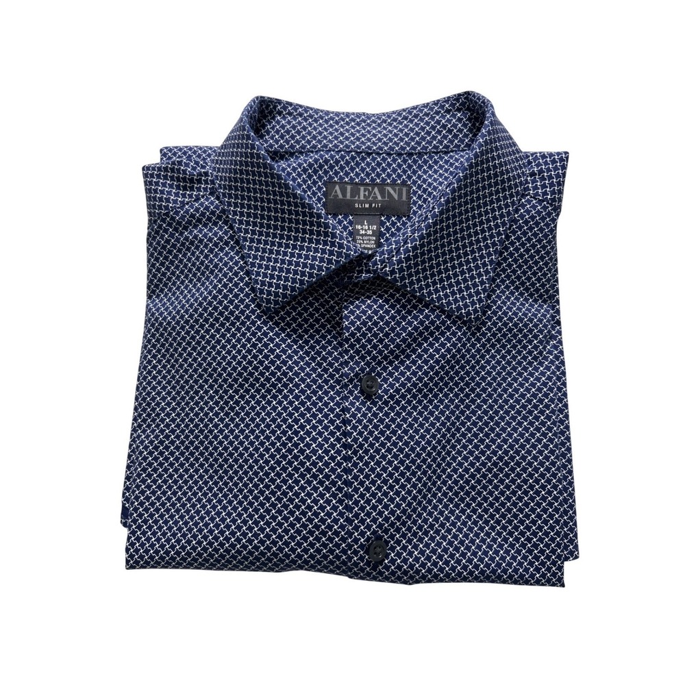 Alfani Slim Fit Mens Navy Blue Geometric Button Up Shirt Large 16-16.5 34-35